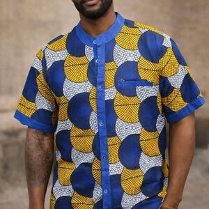 Vibrant Blue and Yellow Geometric Men's Shirt